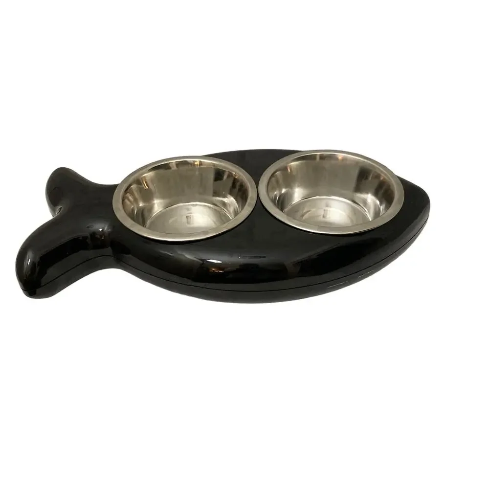 Cat Dish Fish Shaped, Black and Chrome by Blink